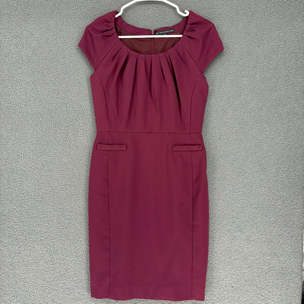 Antonio Melani Burgundy Pleated Cap Sleeve Sheath Dress Size 4 Wine Career